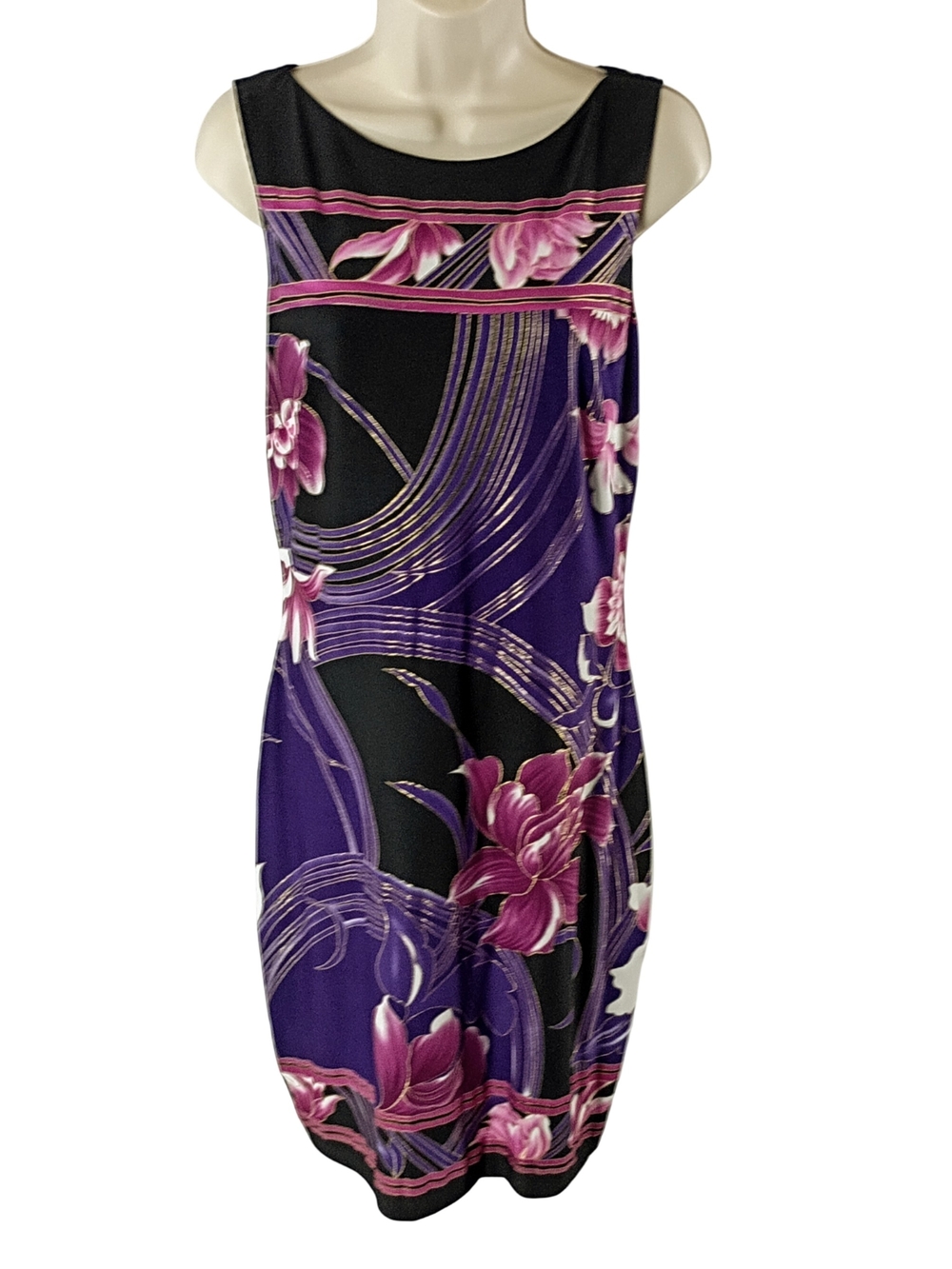 Cache Black & Purple Floral Midi Dress with Pink And Metallic Gold Accents